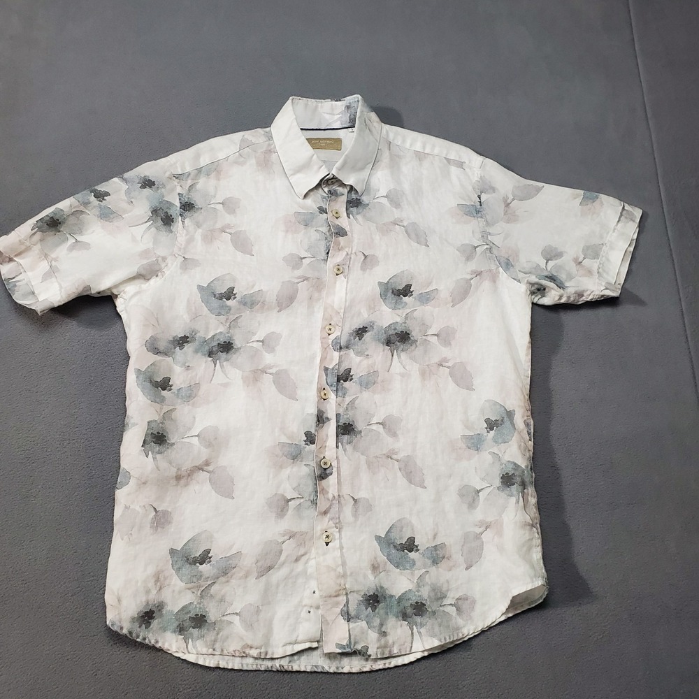 Jon Sonen Linen Shirt Mens Large Gray White Floral Leaves Beach Vacation Cruise